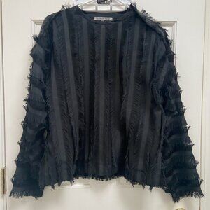 NEW Maison Pere Black Long Sleeve Frayed Fringe Blouse Size 34 FR (Small US 0-2)